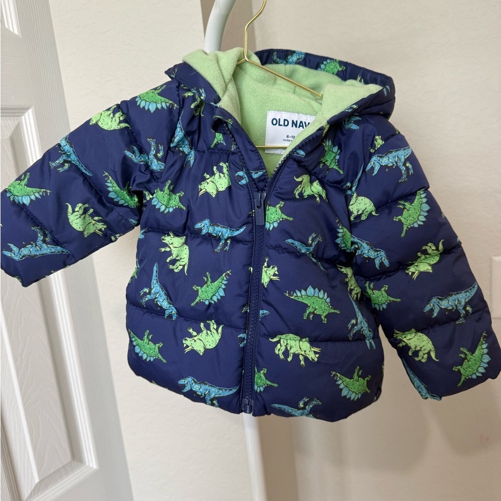 Old Navy Navy Puffer Jacket with Green & Teal Dinosaur Print for Kids